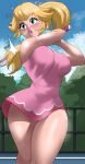 1girl 1girl 1girl absurd_res big_breasts blonde_hair blue_eyes breasts echosaber female_only hourglass_figure light-skinned_female mario_(series) mario_tennis nintendo outside outside princess princess_peach standing tennis_court tennis_uniform thick_lips thick_thighs voluptuous 