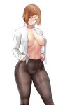 1girl adjusting_clothes big_breasts bob_cut breasts brown_eyes brown_hair covered_erect_nipples no_bra open_shirt panties pantyhose short_hair solo_female white_background