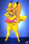  1girl big_ass big_breasts brown_hair pikachu platform_shoes seductive slut tail wolfmask yellow_skin 