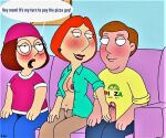  blushing breasts erect_nipples erect_penis family_guy hand_on_penis imminent_handjob imminent_sex lois_griffin meg_griffin mother_&amp;_daughter no_bra pizza_guy uso_(artist) 