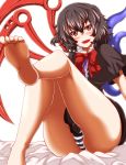  1girl ascot asymmetrical_wings bare_legs barefoot black_hair blush dress feet female highres houjuu_nue legs open_mouth panties red_eyes short_hair sitting soles solo striped striped_panties thighs toes touhou underwear wings zan_(harukahime) 