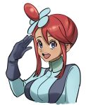 1girl :d aqua_jacket blue_eyes creatures_(company) echizen_(n_fns17) game_freak gloves hair_between_eyes hair_ornament hand_up jacket nintendo one_side_up open_mouth pokemon pokemon_bw red_hair sidelocks simple_background skyla_(pokemon) smile teeth tongue upper_teeth_only white_background