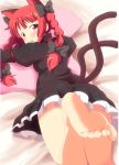  1girl animal_ears barefoot bed_sheet blush braid cat_ears cat_tail dress extra_ears feet female kaenbyou_rin lying massala multiple_tails on_stomach pillow pillow_hug pov_feet red_eyes red_hair ribbon soles solo tail toe_scrunch toenails toes touhou twin_braids twintails 