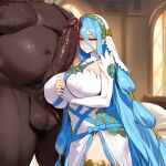  1boy 1boy1girl 1girl absurdly_large_cock ai_generated azura_(fire_emblem) bedroom big_breasts big_penis blue_hair blush breasts cleavage clothed_female cock_shock dark-skinned_male fat_man fire_emblem fire_emblem_fates grin happy huge_breasts huge_cock imminent_domination imminent_oral imminent_penetration imminent_sex interracial larger_male light-skinned_female looking_at_penis lucyla male muscular muscular_male nude_male penis penis_awe precum sex size_difference smile standing straight yellow_eyes 