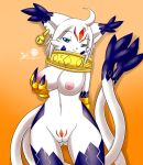  2011 belly blue_eyes breasts cat claws collar digimon ear_rings feline female furry gatomon gatomon_x gatomon_x2 gloves markings midriff mn_xenx mnxenx001 multiple_tails navel nipples patterns paws pussy ring simple_background solo tail twin_tails white white_fur 