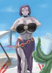  beach big_ass booruguru dc_comics gigantic_breasts grey_skin hourglass_figure ocean purple_eyes purple_hair rachel_roth raven_(dc) teen_titans 