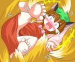  1girl animal_ears barefoot blush brown_hair cat_ears cat_tail chen des earrings fang feet female foot_tickling fox_tail jewelry multiple_tails open_mouth soles solo solo_focus tail tail_rape tears tickle_torture tickling toes touhou yakumo_ran 