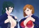  2_girls artist_request big_breasts big_breasts blue_background blush bob_cut bra breasts breasts_out brown_hair cleavage clothed_female female/female female_focus female_only glasses green_hair height_difference high_res jujutsu_kaisen kugisaki_nobara long_hair looking_at_viewer plain_background ponytail presenting presenting_breasts red_eyes shirt shirt_pull short_hair smirk tagme teen teeth unbuttoned unbuttoned_shirt undressing upper_body yellow_eyes zenin_maki 