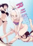  3girls :o angry assisted_exposure bangs barefoot beach bent_over bikini bikini_pull black_bikini black_hair black_swimsuit blue_eyes blush bottomless brown_hair clenched_teeth constricted_pupils cover cover_page double_bun doujin_cover dutch_angle embarrassed english female flat_chest floating_hair freckles frilled_bikini frills gradient gradient_background green_eyes groin guitarist_(pokemon) gym_leader hair_bobbles hair_ornament halftone halftone_background halter_top halterneck homika_(pokemon) kawaisou knees leg_up legs long_hair lou_(pokemon) lowleg lowleg_bikini mei_(pokemon) midriff mound_of_venus multiple_girls navel nintendo nose_blush npc_trainer open_mouth pantsing pokemon pokemon_(game) pokemon_bw2 sandals short_hair side-tie_bikini standing surprised sweatdrop swimsuit teeth toes topknot tripping twintails v_arms white_hair yuri 