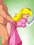  1boy 1girl bent_over blonde_hair blush breasts closed_eyes clothed_female_nude_male crown dress elbow_gloves female gloves green_background hair happy_sex large_breasts long_hair mario_(series) old_school_academy open_mouth princes_peach princess_peach pubic_hair sex simple_background smile super_mario_bros. sweat 