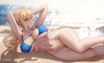 1girl 2022 absurd_res alluring alternate_breast_size arms_up artist_signature athletic_female azto_dio bare_legs big_breasts bikini bikini_top bikini_top_only blonde_hair blue_eyes breasts female_abs female_only fit_female genshin_impact hips jean_(genshin_impact) jean_gunnhildr medium_hair naked_from_the_waist_down pussy slim_waist stretching thick_thighs thighs wide_hips