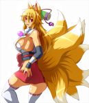 1girl animal_ears bare_shoulders blonde_hair breasts fang fox_ears fox_tail highres hip_vent izuna_(shinrabanshou) long_hair looking_at_viewer multiple_tails open_mouth pepo_(absolute1123) red_eyes shinrabanshou sideboob simple_background solo tail thighhighs white_background white_legwear 