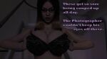 big_breasts black_lingerie bodysuit brown_hair disguise glasses lingerie model photorealistic realistic skinsuit sycosistg text touching_breasts touching_self