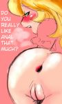 1girl anal anus artist_request ass bad_anatomy blonde_hair blush bottomless fat_mons female gape gaping hard_translated heavy_breathing long_hair looking_back lowres mario_(series) naughty_face nintendo nude peach princess princess_peach pussy solo spread_anus super_mario_bros. translated uncensored 