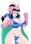 1girl armor big_breasts bikini_armor black_eyes black_hair breasts cape chichi choker cleavage dragon_ball erect_nipples female female_only gloves helmet lipstick long_hair lowres makeup midriff navel panties shoulder_pads simple_background smile solo_female transparent_background underwear warner wide_hips