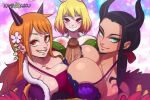  1boy 3_girls beast_pirates_(cosplay) big_ass big_breasts breasts_press carrot carrot_(wano) double_paizuri foursome grin huge_breasts huge_penis interspecies light-skinned_female monkey_d._luffy nami nami_(wano) nico_robin nico_robin_(wano) one_piece one_piece:_wano_arc paizuri seductive seductive_look seductive_smile smile smiling_at_viewer 