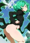  1girl 1girl absurd_res ass bottomless clothed_female female_focus green_eyes green_hair half-closed_eyes high_res high_resolution jcm2 levitation looking_back mature mature_female one-punch_man short_hair smaller_female solo_female tagme tatsumaki telekinesis thick_thighs 