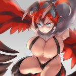  1girl angry antenna_hair black_hair blue_eyes breasts cleavage clenched_teeth dark_skin feathered_wings fur_trim grey_background harpy horns huge_breasts monster_girl mound_of_venus multicolored_hair naso4 navel nintendo personification pokemon pokemon_(game) pokemon_xy red_hair short_hair simple_background skindentation sling_bikini solo swimsuit teeth thighhighs thighs white_hair wings yveltal 