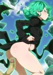  1girl absurd_res ass bottomless clothed_female female_focus green_eyes green_hair half-closed_eyes high_res high_resolution jcm2 levitation looking_back mature mature_female one-punch_man short_hair smaller_female tagme tatsumaki telekinesis thick_thighs 