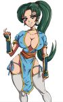  1girl 1girl big_breasts breasts cleavage cosplay crossover dead_or_alive earrings erect_nipples fire_emblem fire_emblem:_rekka_no_ken green_eyes green_hair jewelry kasumi_(doa) kasumi_(doa)_(cosplay) long_hair looking_at_viewer lyn_(fire_emblem) lyndis lyndis_(fire_emblem) matching_hair/eyes naughty_face nintendo no_bra no_panties no_underwear ponytail redfoil revealing_clothes seductive_smile smile stockings tagme 