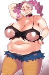  1girl areolae arm_bands arm_up armpit_hair armpits bare_shoulders belly belt blue_eyes blush breasts choker curvy denim_shorts erect_nipples fat hair hand_on_head hand_on_hips hips huge_breasts jeans large_areola muffin_top navel nintendo nippleless_clothes nipples npc_trainer pink_hair plump poke_ball pokemon punk smell solo standing stockings sweat thick_thighs thighs torn_clothes twintails wide_hips wrist_cuffs yokkora 