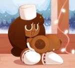  1girl areolae big_areola big_breasts breasts brown_body brown_hair clothed clothes clothing cocoa_cookie cookie_run female female_only hair happy holding_breasts huge_breasts legwear looking_at_viewer mu111777 nipples open_mouth roblofanflation smile snow solo window 