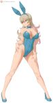 1girl absurd_res alluring alternate_costume animal_ears bare_legs big_breasts black_leotard blue_leotard bow bowtie breasts bunny_ears bunny_girl bunnysuit corrin_(fire_emblem) corrin_(fire_emblem)_(female) covered_navel detached_collar english_commentary fake_animal_ears fake_tail female_only fire_emblem fire_emblem_fates full_body grin hands_on_own_hips high_heels high_res legs leotard long_hair looking_at_viewer nintendo playboy_bunny pointy_ears rabbit_ears rabbit_tail red_eyes smile standing strapless strapless_leotard tail white_background white_hair wrist_cuffs zelc-face