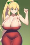 1girl ai_generated big_breasts blonde_hair breasts capcom female_focus female_only green_eyes nai_diffusion ponytail ribbon rockman_(classic) roll_(rockman) simple_background stable_diffusion