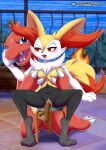  1boy 1girl bbmbbf blue_eyes blush braixen breast_grab breasts charmeleon dildo_in_pussy female_pokemon grabbing_breasts groping looking_at_another looking_back male/female male_pokemon male_pokemon/female_pokemon palcomix pokemon pokepornlive pussy pussy_juice pussy_juice_drip red_eyes red_fur vaginal vaginal_insertion white_fur yellow_fur 