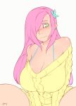  1girl bare_shoulders blush bra_strap breasts butterfly_hair_ornament cleavage doxy earrings fluttershy friendship_is_magic green_eyes hair_ornament hair_over_one_eye huge_breasts humanized jewelry large_breasts long_hair my_little_pony off-shoulder_sweater pink_hair solo sweater underwear v_arms 
