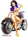  2009 big_breasts black_hair blue_eyes breasts disney dr1ace_(color) full_body hair high_heels legs lipstick motorcycle nipples nude posing princess_snow_white red_baron smile snow_white_and_the_seven_dwarfs white_background 