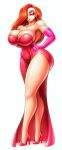 1girl ass clothed dress earrings female female_only gloves green_eyes hair_over_one_eye high_heels huge_breasts jessica_rabbit long_gloves long_hair long_legs long_red_hair looking_at_viewer red_dress red_hair redhead solo standing thighs who_framed_roger_rabbit 