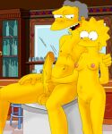  1boy 1girl breasts cleft_of_venus completely_nude erection exposed_breasts imminent_sex lisa_simpson looking_at_penis moe_szyslak nipples nude penis pussy the_simpsons white_background yellow_skin 