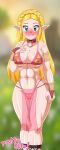  1girl abs alluring armbands artist_name athletic_female bare_legs big_breasts bikini blonde_hair blush choker cleavage crown_braid elf_ears female_abs female_only fit_female green_eyes hand_on_chest hand_on_own_chest hourglass_figure light-skinned_female light_skin long_blonde_hair long_hair looking_at_viewer nintendo pink_bikini pk-studios princess_zelda the_legend_of_zelda thick_thighs triforce triforce_bikini 