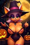  ai_generated anthro bat big_breasts big_penis breasts fang fangs female_focus furry furry_female green_eyes halloween jack-o&#039;-lantern looking_at_viewer moon nail_polish night pumpkin rouge_the_bat sega short_hair sonic sonic_the_hedgehog_(series) witch witch_hat 