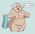 beauty_and_the_beast big_breasts blue_background blue_eyes breasts chubby chubby_female disney grey_hair grin hairbun jodero lipstick makeup mature mature_female ms._potts nipples pubic_hair smile smiling_at_viewer speech_bubble talking talking_to_viewer text towel
