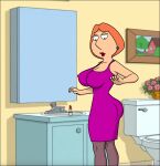  back_view bathroom dress dressing erect_nipples family_guy lois_griffin red_hair sexfightfun show smiley_face stockings 