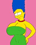  big_breasts blue_hair breasts cleavage collar erect_nipples_under_clothes glassfish huge_breasts marge_simpson pearls sad the_simpsons wide_hips yellow_skin 