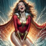 ai_generated belt big_breasts bodysuit bottomless bracelet brown_hair cape closed_eyes dc_comics dc_comics lightning lipstick long_hair long_sleeves mary_marvel rain red_bodysuit red_lipstick screaming smile water white_cape