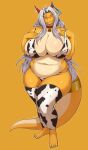 1girl 2021 aisyah_zaskia_harnny animal_print bell bell_collar big_ass big_breasts bikini blush breasts chinese_new_year chubby clothed clothing cow_bikini cow_print dragon ear_tag edit female female_only full_body harnny horns legwear long_hair looking_away looking_up micro_bikini navel new_year red_horns ribbon ring simple_background solo tag tail textless_version thong white_hair year_of_the_cow yellow_background yellow_body yellow_skin