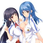  2_girls 2girls art asymmetrical_docking babe black_hair blue_hair blush breast_press breasts brown_eyes bust cleavage female hair_ribbon impossible_clothes long_hair looking_at_viewer multiple_girls no_panties red_eyes ribbon shinozuka_atsuto simple_background smile unbuttoned upper_body white_background 