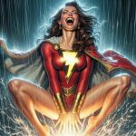 ai_generated belt big_breasts bodysuit bottomless bracelet brown_hair cape closed_eyes covering_pussy dc_comics dc_comics lightning lipstick long_hair long_sleeves mary_marvel rain red_bodysuit red_lipstick screaming smile spread_legs water white_cape
