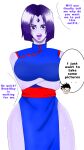  1boy 1girl big_breasts big_thighs breasts chichi chichi_(cosplay) confused cosplay crossover crossover_cosplay dick_grayson dragon_ball female_focus forehead_jewel large_thighs looking_at_viewer medium_hair pale-skinned_female pale_skin purple_eyes purple_hair qipao rachel_roth raven_(dc) robin sh3ar tagme teen_titans text text_bubble white_background wide_hips 