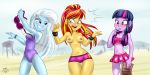 ! 3_girls 3girls anthro anthro_only beach bikini blush breasts equestria_girls female_only friendship_is_magic my_little_pony nipples smirk sunset_shimmer swimsuit topless topless_female trio trixie_(mlp) twilight_sparkle