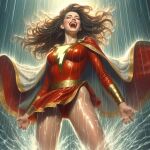 ai_generated belt big_breasts bodysuit bracelet brown_hair cape closed_eyes dc_comics dc_comics lipstick long_hair long_sleeves mary_marvel miniskirt rain red_bodysuit red_lipstick screaming smile water wet wet_clothes white_cape