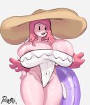  adventure_time back_length_hair breast_focus breasts breasts_bigger_than_head cartoon_network eyebrows_visible_through_hair frilled_bikini hand_on_hip huge_breasts large_hat long_hair no_iris no_sclera one-piece_swimsuit pink_hair pink_skin poxygon princess_bubblegum raised_eyebrow simple_background sun_hat swimsuit tan_line thick_thighs thighs tube unusual_skin_color watermark white_background white_swimsuit 