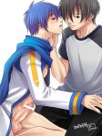  2boys blue_hair blush bottomless boy gay hirohide kaito male_focus multiple_boys nail_polish penis usukawa_(artist) vocaloid yaoi 