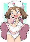  embarrassed may_(pokemon) nurse_outfit panties pokemon underwear upskirt white_panties 
