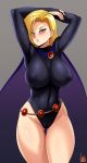  1girl alternate_costume android_18 big_breasts blonde_hair breasts cape cosplay dc_comics dragon_ball_z impossible_clothes leotard raven_(cosplay) raven_(dc) revealing_clothes short_hair 