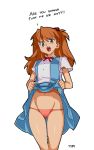  1_girl 1girl a10_nerve_clips asuka_langley_souryuu blue_eyes clothed female female_human female_only human long_hair long_red_hair looking_at_viewer neon_genesis_evangelion optionaltypo panties red_hair redhead school_uniform shirt skirt skirt_lift skirt_lifted_by_self solo standing uniform white_background 